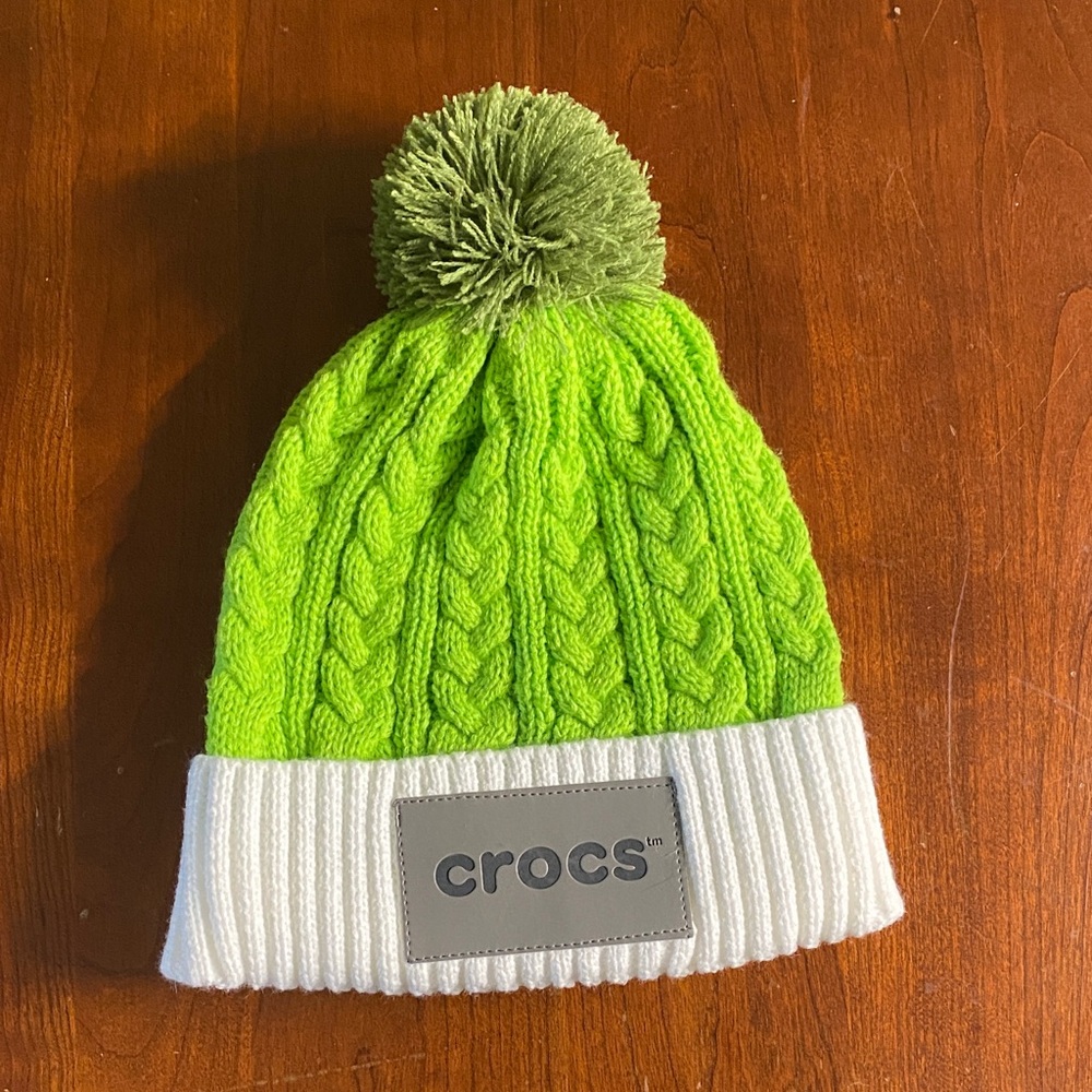 CROCS Lime Green and White Knit Hat with Pom-Pom